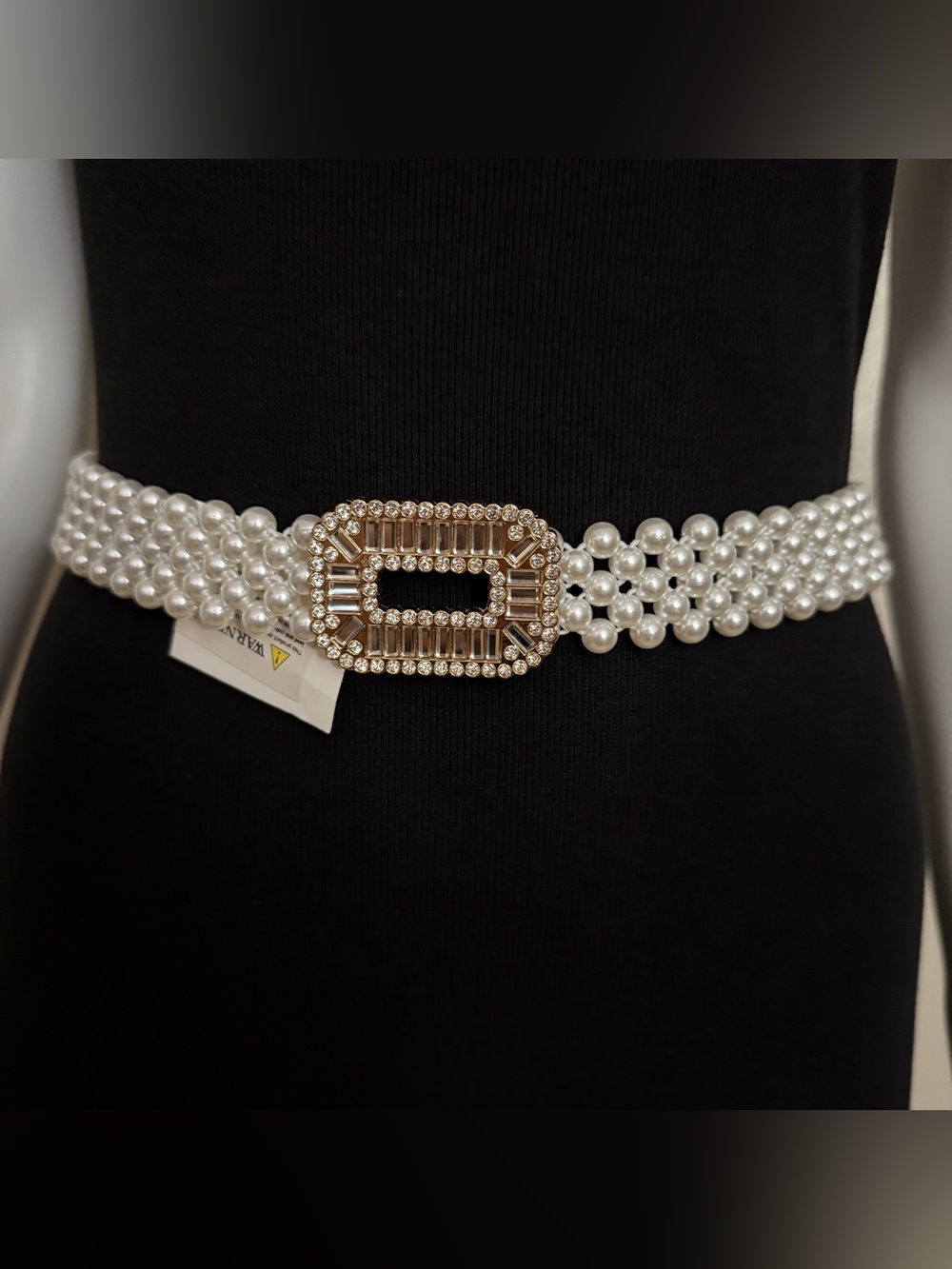 Faux pearls elasticized waistband skinny belt with gold tone rectangle buckle